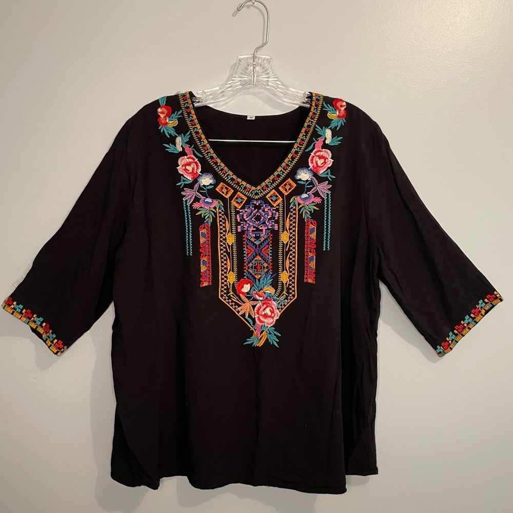 Embroidered Colorful Bold Floral Women's Blouse Shirt Black V-Neck Southwestern